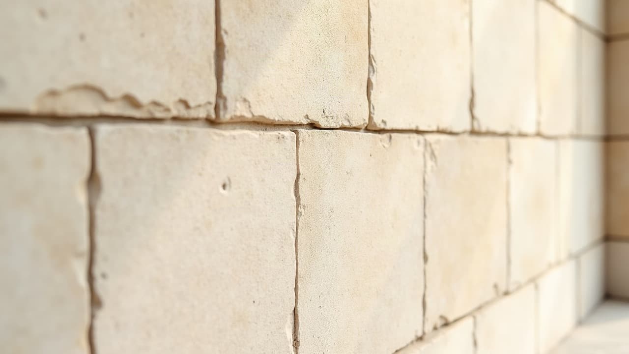 Mur de façade en pierre calcaire claire à joints larges
