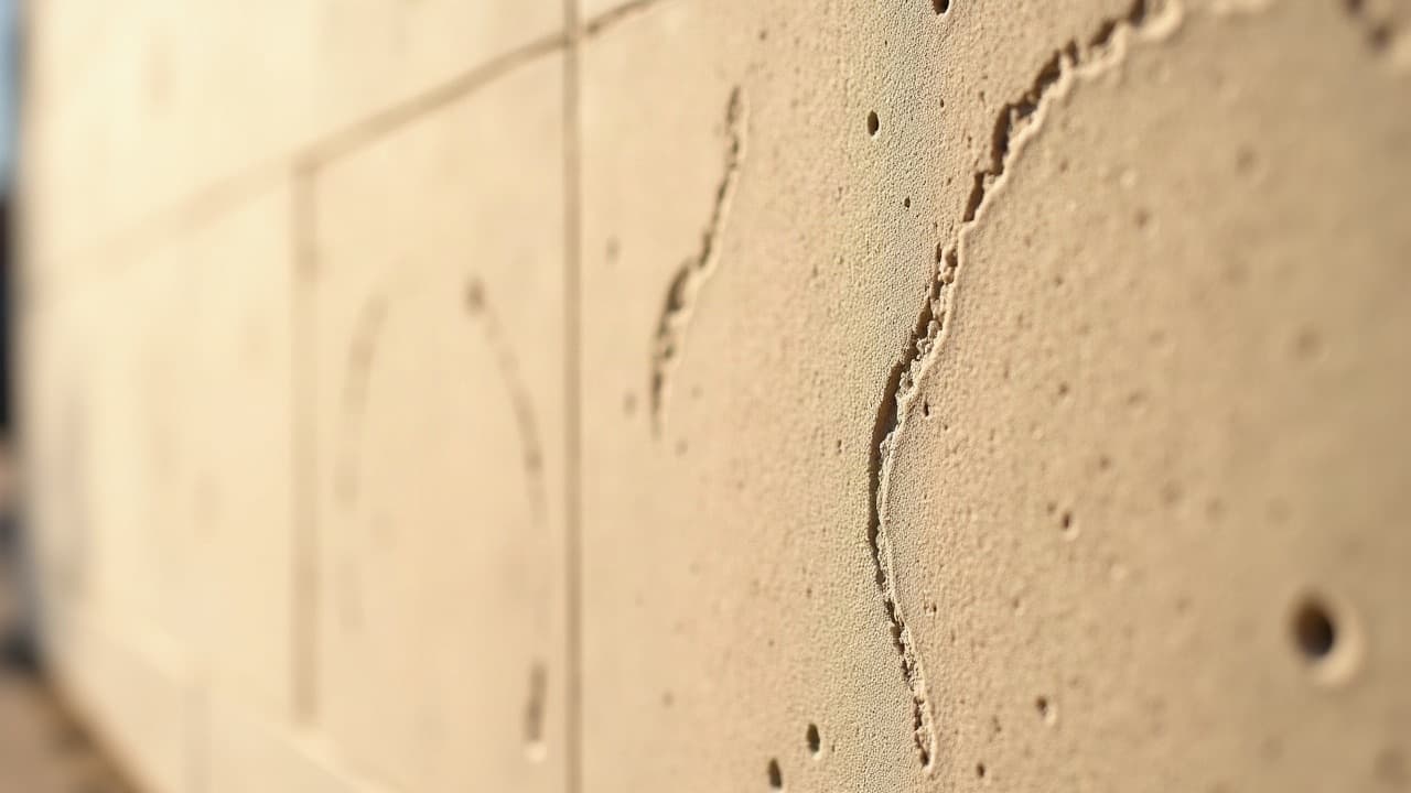 Mur de façade recouvert d’un enduit de teinte sable, surface fatiguée
